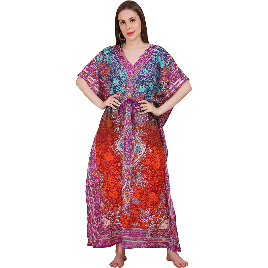 Shahcrafts Women's Casual Polyester Long Kaftan Dress Maxi Caftan Dress Gown Beachwear Cover Up (Free Size Adjustable)