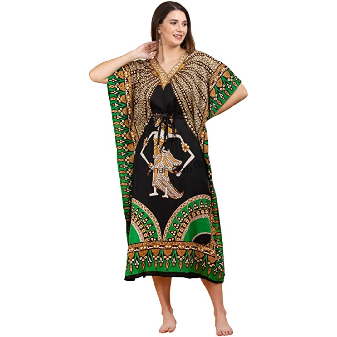 Shah Crafts Women Casual Polyster Long Kaftan Dress Maxi Caftan Dress Gown Top Night Dress (Free Size Adjustable)