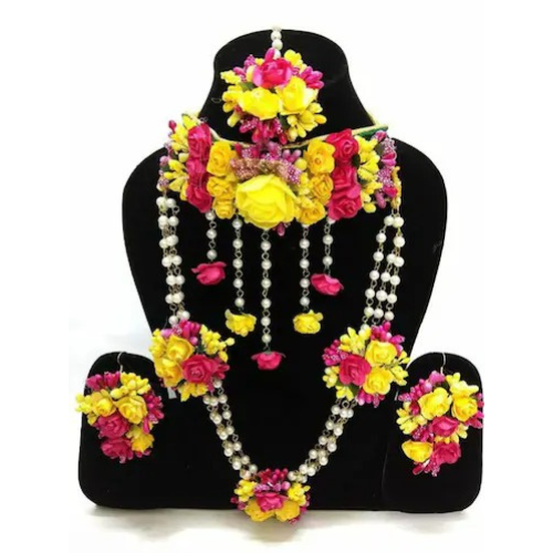 Shahcrafts Haldi Megandhi Baby Shower Bridal Yellow and Pink Flower Jewellery