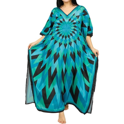 Ethnic Print Georgette Fabric Kaftan Dresses For Women Beach Dress Plus Size Swimsuit Cover Up