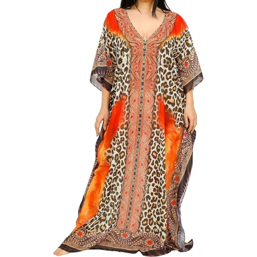 Ethnic Print Georgette Fabric Kaftan Dresses For Women Beach Dress Plus Size Swimsuit Cover Up