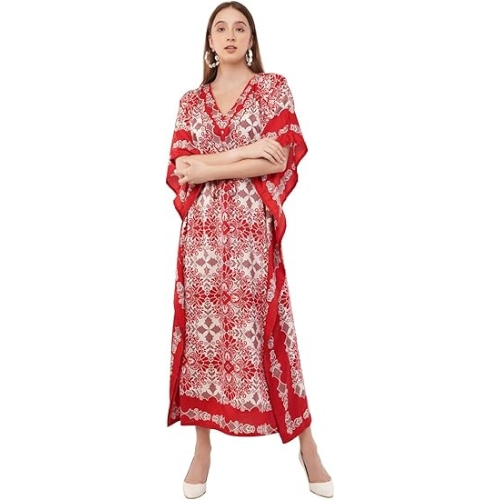 Shah Crafts Kaftan Dress Maxi Style Casual Kaftan Dressess for Women V-Neck 3/4 Sleeve Top Printed Free Size Gown