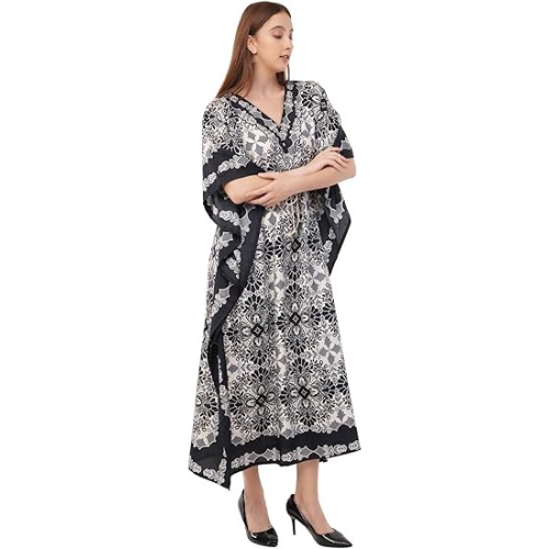 Shah Crafts Kaftan Dress Maxi Style Casual Kaftan Dressess for Women V-Neck 3/4 Sleeve Top Printed Free Size Gown